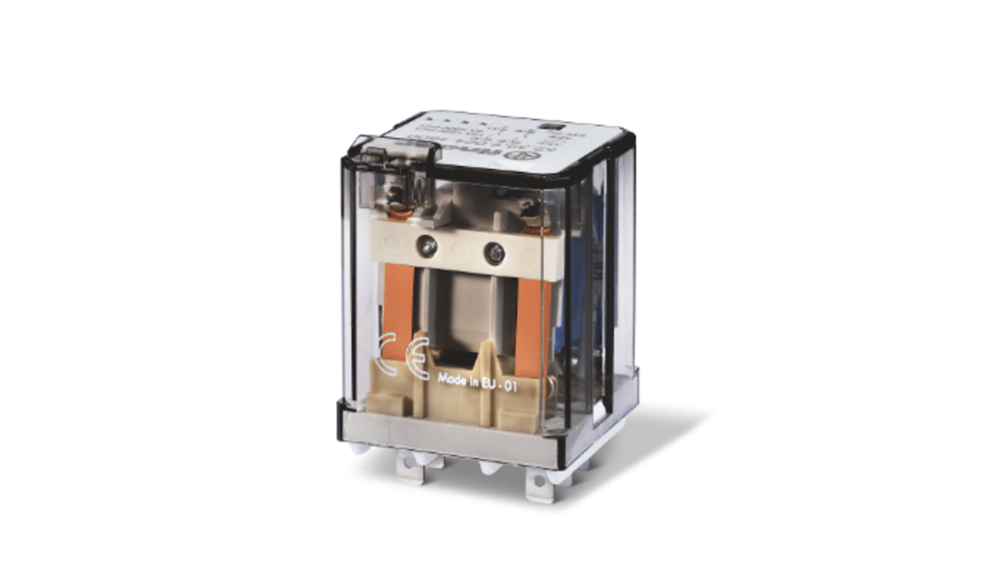 Relè di potenza Finder 48V cc, montaggio a innesto, 2 poli, capacità di commutazione 16A, isolamento conforme a EN 60335-1.