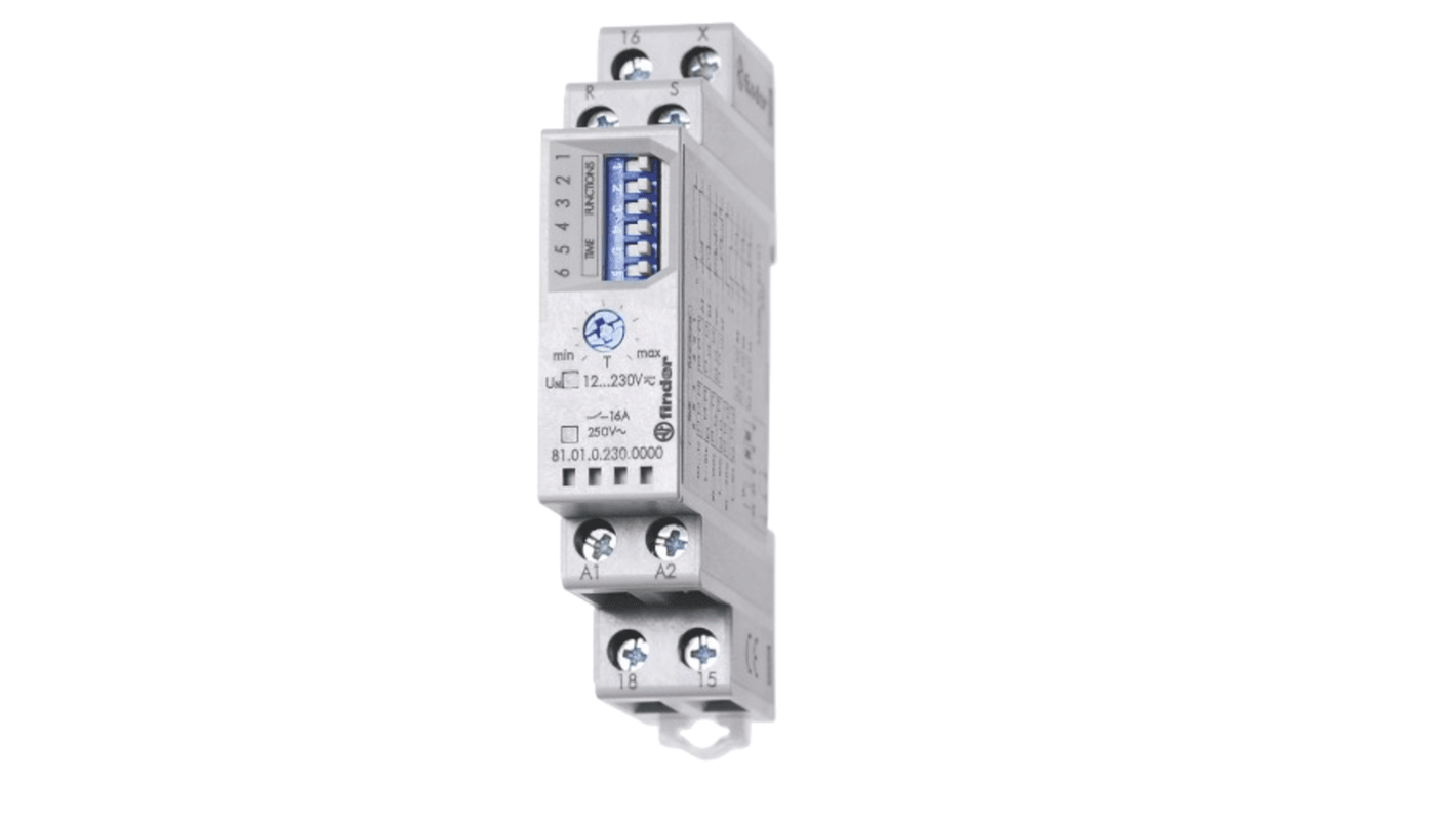 Finder, timer multifunzione SPDT per guida DIN, intervallo 0.1-10 ore, alimentazione 230V, sette funzioni, reset incluso.