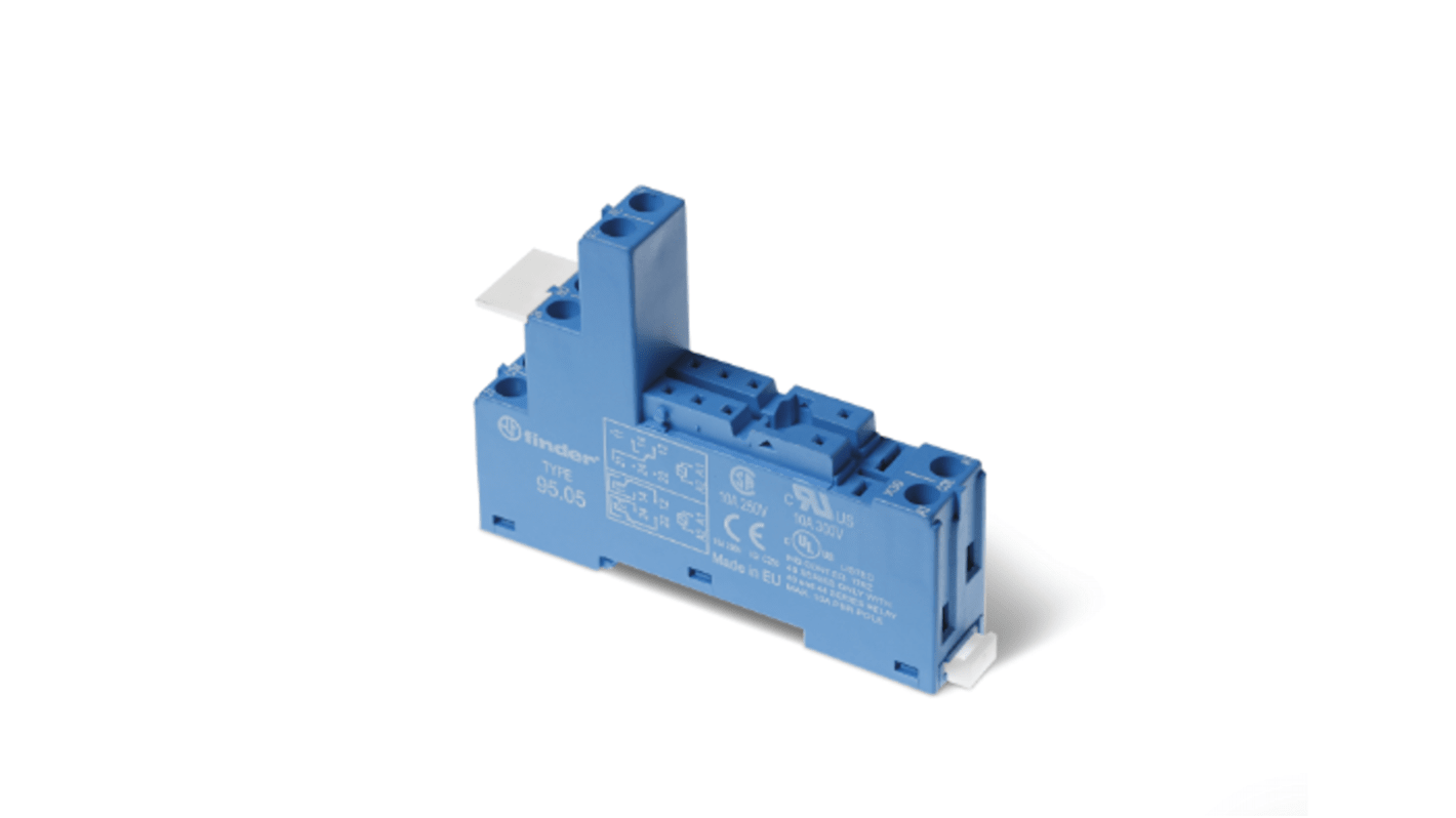 Connettori femmina Finder 9505SMA per relè 40.51, 40.52, 40.61, 40.62. Montaggio su PCB o guida 35 mm. Adatti per uso industriale.