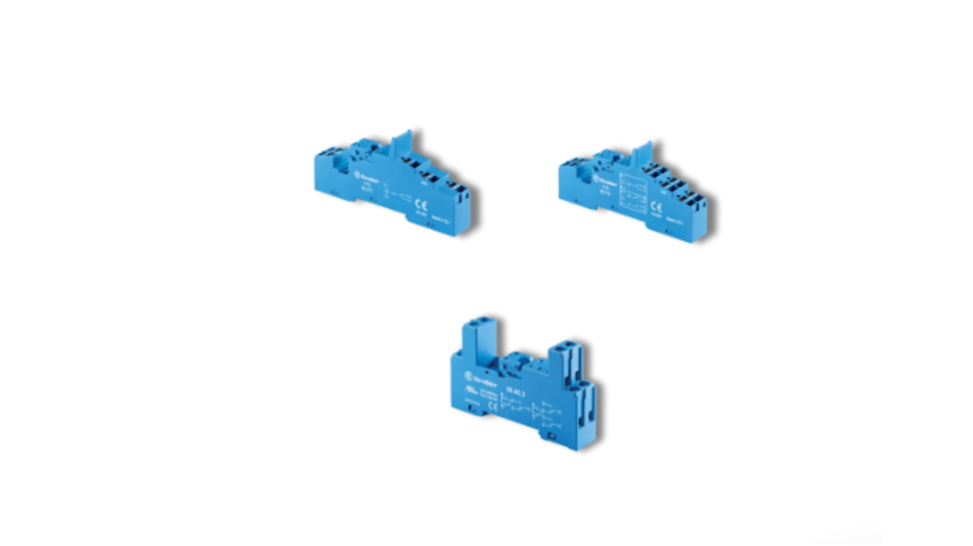 Connettore femmina Finder 9565SMA per relè serie 40.51, 40.52, 40.61, 40.62. Montaggio su PCB o guida da 35 mm, morsetti a morsetto.