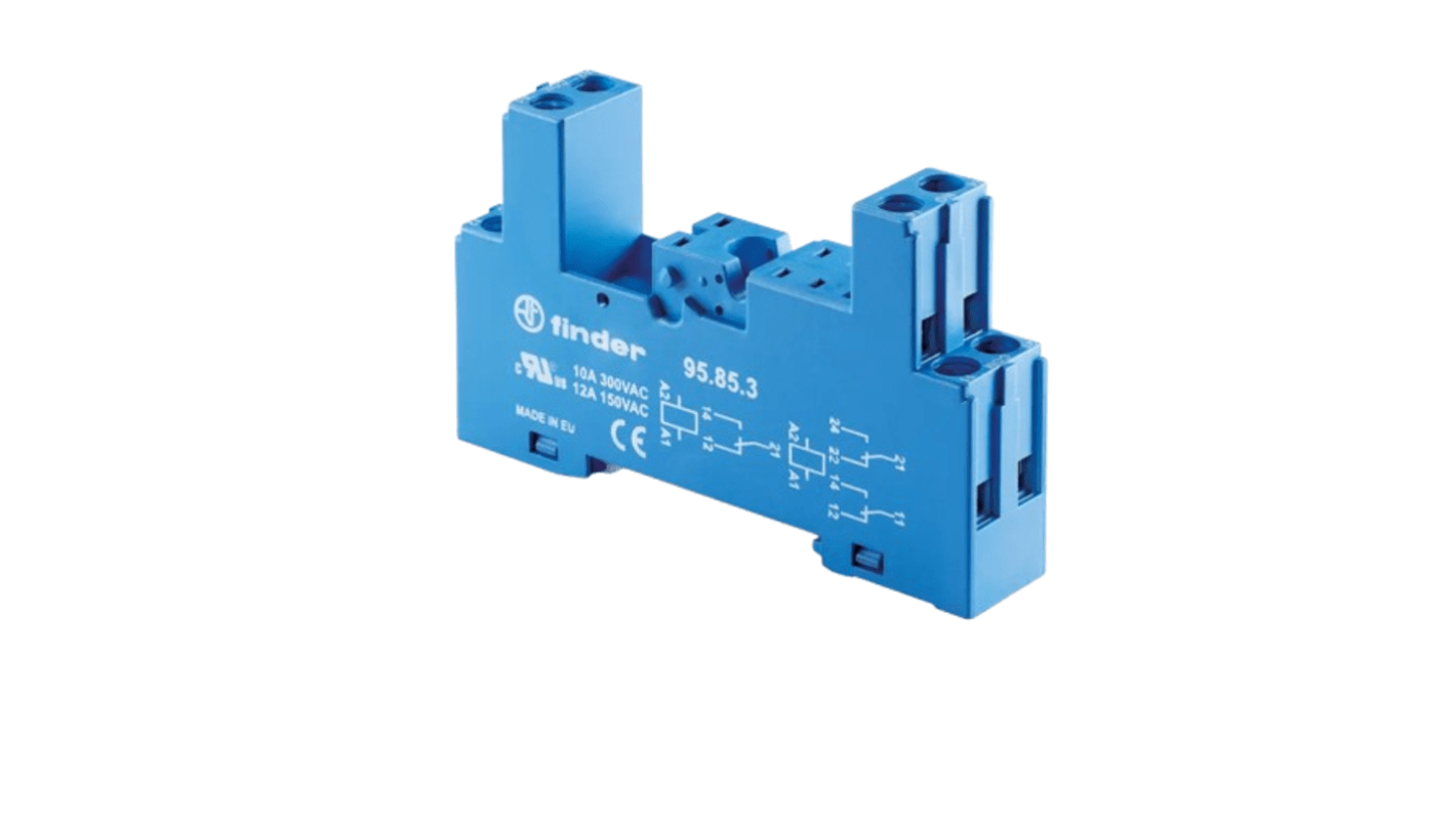 Finder 95853SPA, zoccolo per relè serie 40.51-40.62, montaggio su circuito stampato o guida DIN, tensione 250V.