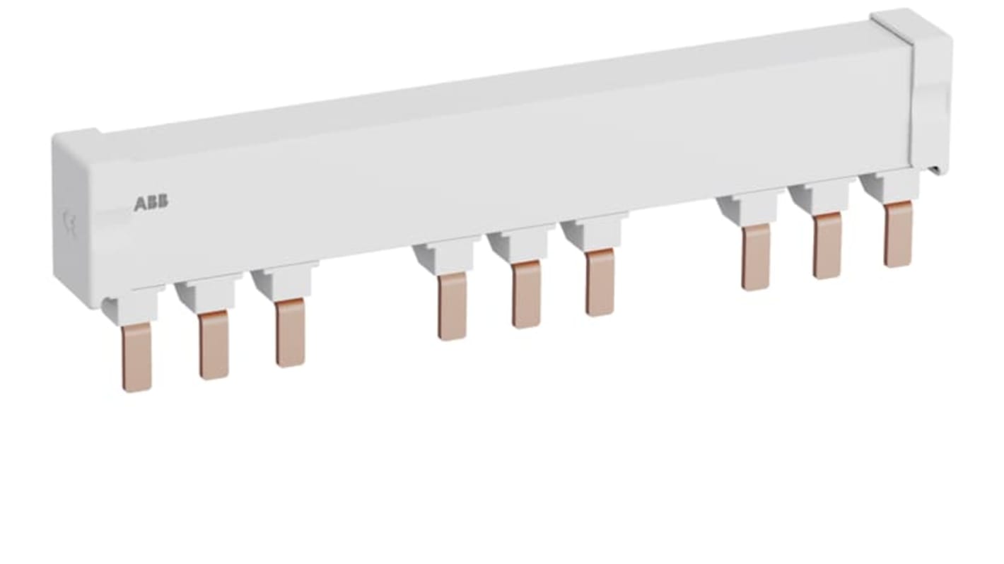 Barra di distribuzione trifase ABB 1SAM401920R1023, 690V ca, per collegamento di 3 starter MS165, corrente nominale 125 amp, grado di protezione IP20.
