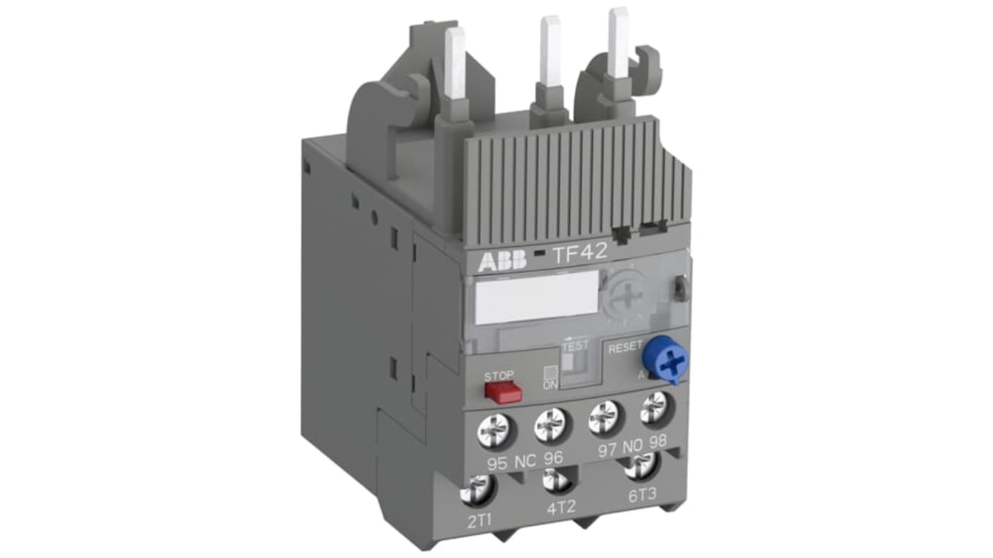 Relè di sovraccarico termico ABB 1SAZ721201R1008, 1 NC e 1 NA, classe di attivazione 10A, reset automatico o manuale.