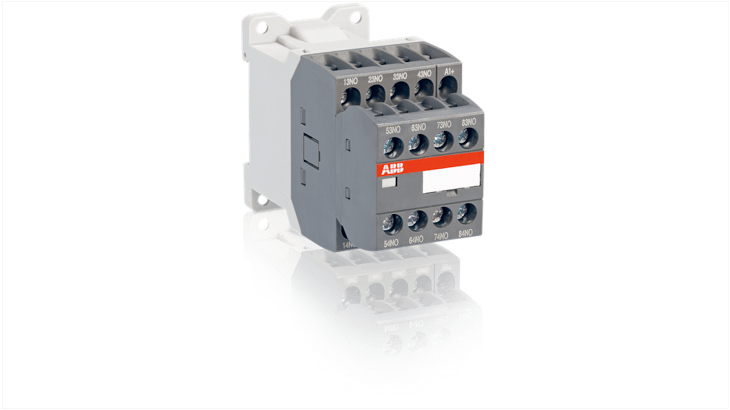 Relè contattore ABB 1SBH103001R8171, 1 NC e 7 NA, corrente 4 A, tensione 24-250 V, protezione sovratensioni.