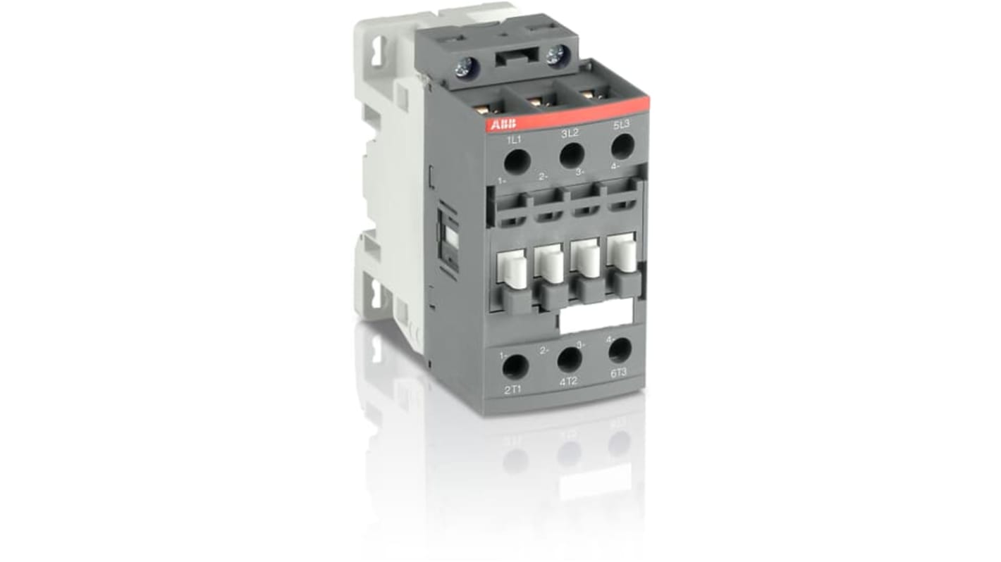 Contattore ABB 1SBL236061R2100 per controllo motori, 3 poli, 15 kW, 20-60 V c.c., morsetti a vite, design compatto.