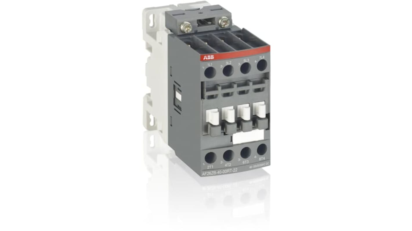 Contattore ABB 1SBL236260R2100 per controllo motori, 4 poli, 11 kW, tensione bobina 20-60 V c.c., design a blocco.