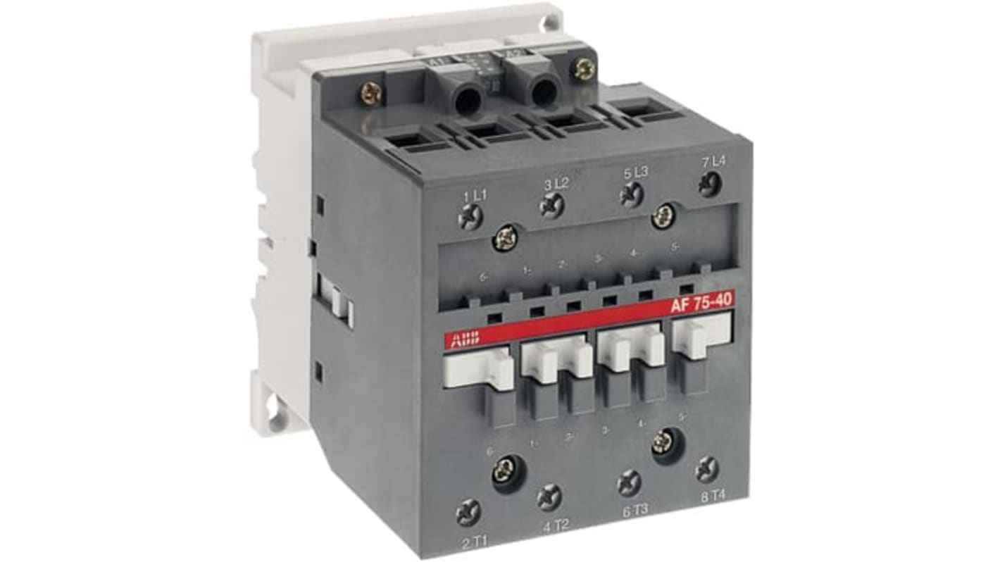 Contattore ABB 1SBL337201R7200, 4 poli, potenza 30 kW, tensione 20-60 V c.c., design compatto con contatto ausiliario.