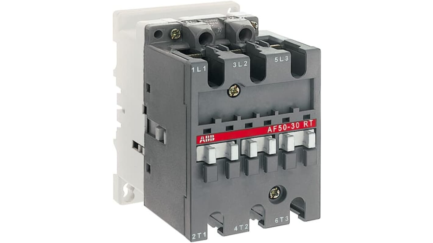Contattore ABB 1SBL357010R7000 per controllo motori, 3 poli, 30 kW, tensione 100-250 V c.a., morsetti a vite, relè termico integrato.