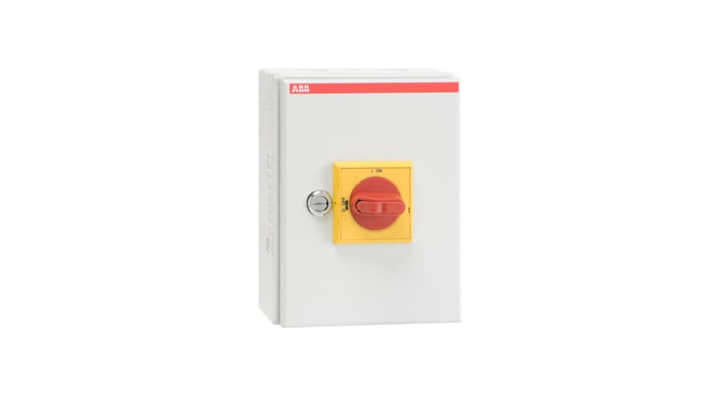 Interruttore di isolamento ABB 1SCA02, 3 poli, con impugnatura bloccabile e protezione IP65, per installazione sicura.