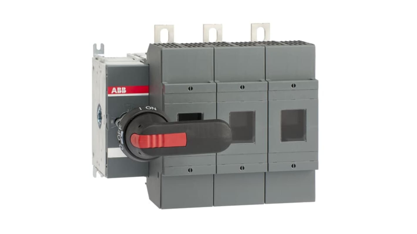 ABB Sezionatore portafusibili integrato 400A, 3 poli, IP65, con impugnatura bloccabile e coperchio sicuro.