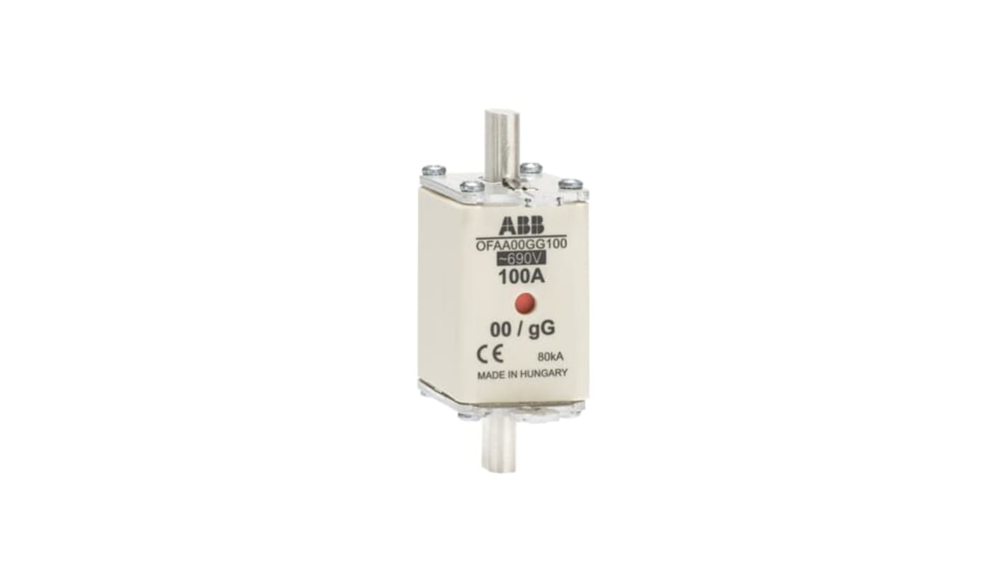 Fusibile NH00 ABB 125A con linguette, dimensioni 30 x 79 x 60 mm, tensione nominale 690V, tipo gG. Codice 1SCA022724R0610.