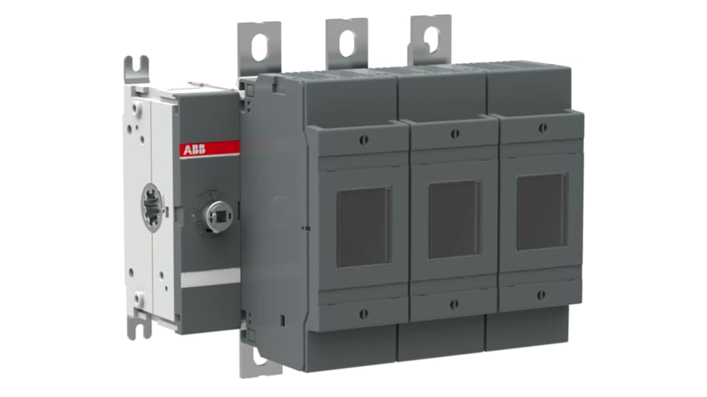 Sezionatore portafusibili integrato ABB, 3 poli, 250A, grado di protezione IP65, con impugnatura bloccabile e predisposizione per cavi.