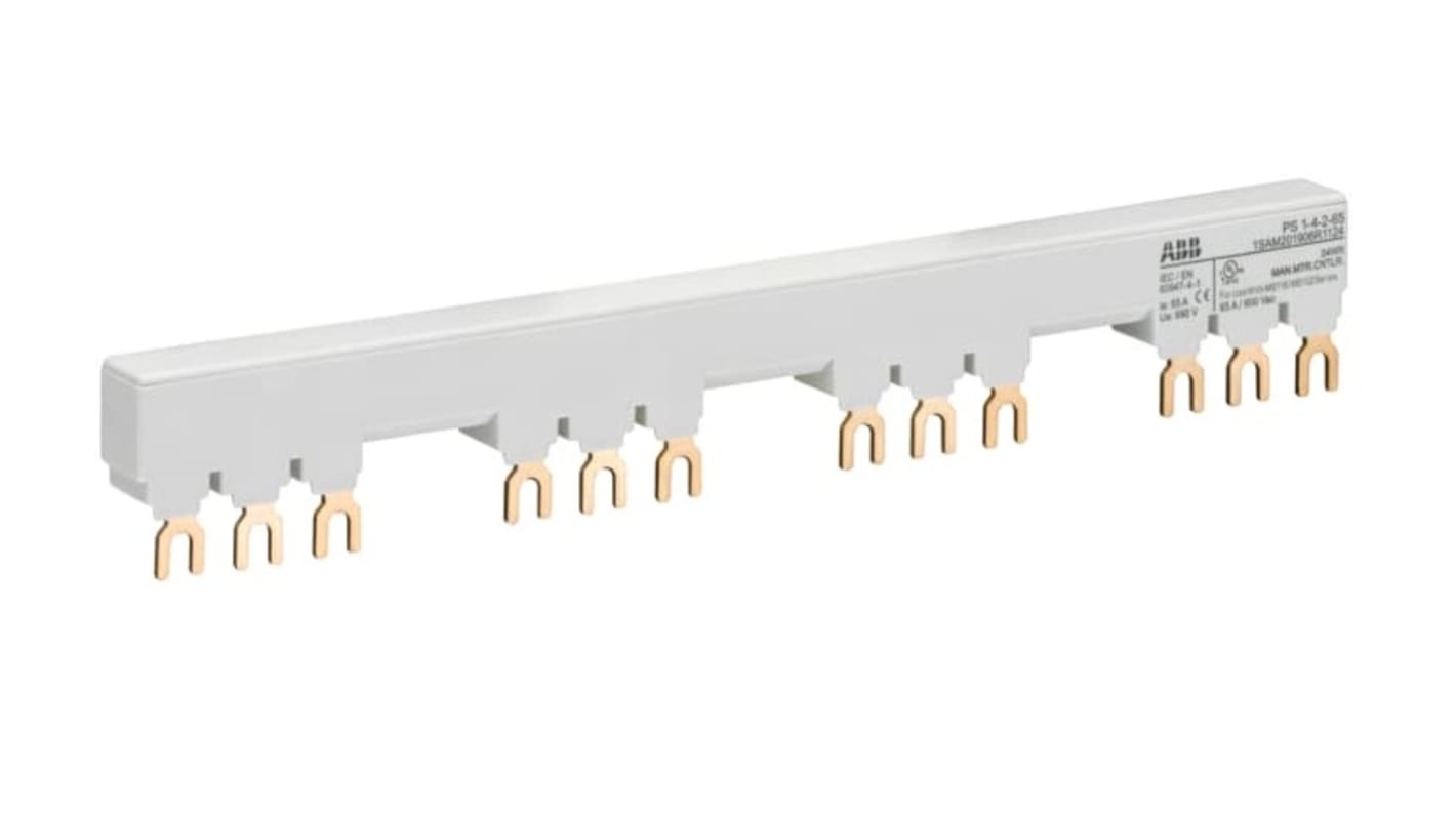 Barra di distribuzione trifase ABB 1SAM201906R1124, 690V ca, per collegamento di 4 starter MS116/MS132, corrente nominale 65 amp, grado di protezione IP20.