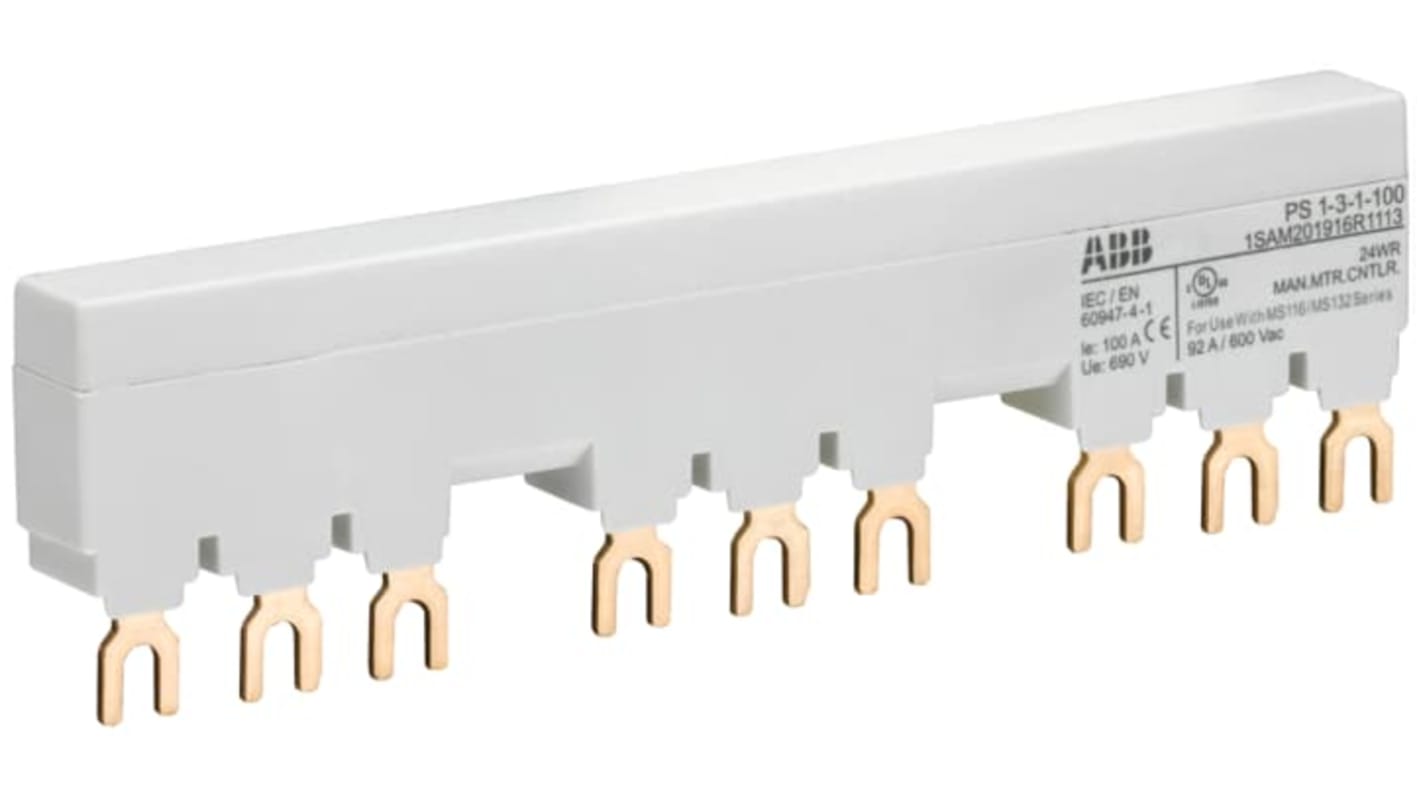 Barra di distribuzione trifase ABB 1SAM201916R1113, 100 Amp, per collegamento di starter MS116/MS132, 690V ca, con contatto ausiliario.