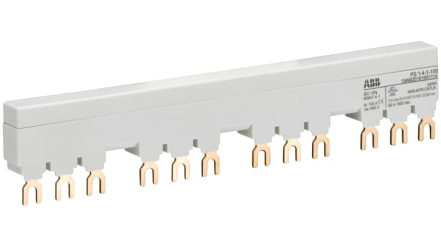 Barra di distribuzione trifase ABB 1SAM201916R1114, 690V, per collegamento di 4 starter MS116/MS132, corrente 100 Amp, grado di protezione IP20.