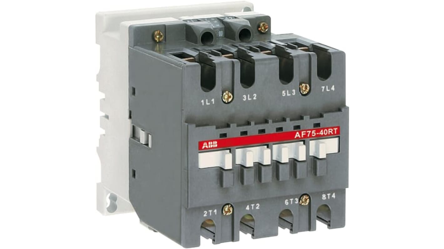 Contattore ABB 1SBL417210R7200, 4 poli, potenza 45 kW, tensione bobina 20-60 V c.c., design compatto con contatto ausiliario.
