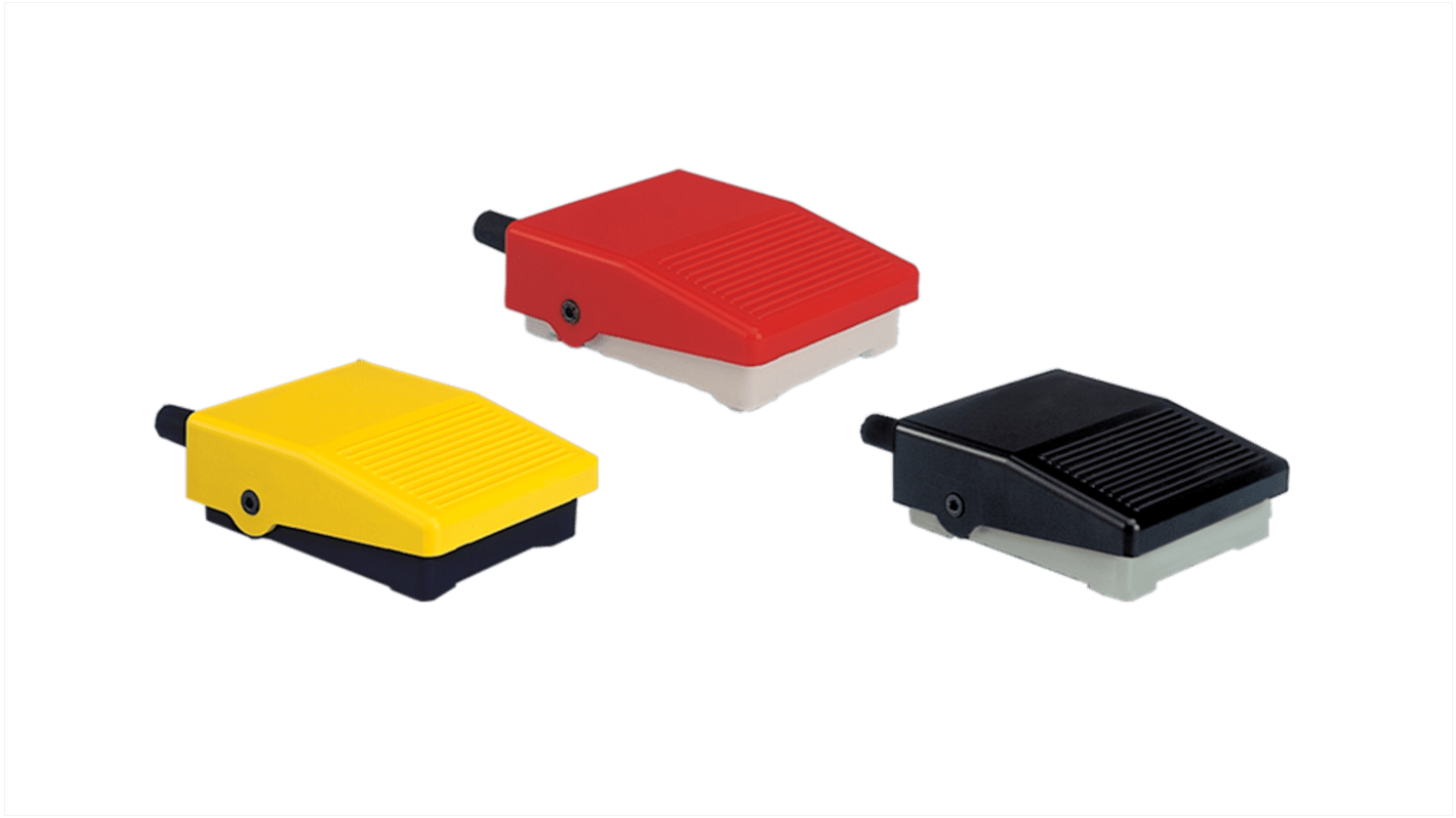 Interruttore a pedale Instabile On-Off ABB, dimensioni 75 x 35 x 101 mm, materiale ABS, colore grigio chiaro con coperchio giallo.