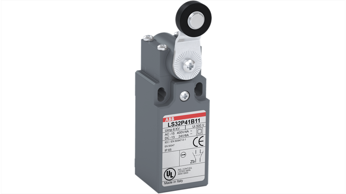 Interruttore di fine corsa ABB con leva a rullo, 1NA/1NC, IP65, 400V, custodia in plastica, dimensioni 30 mm, attuatore 18 mm.