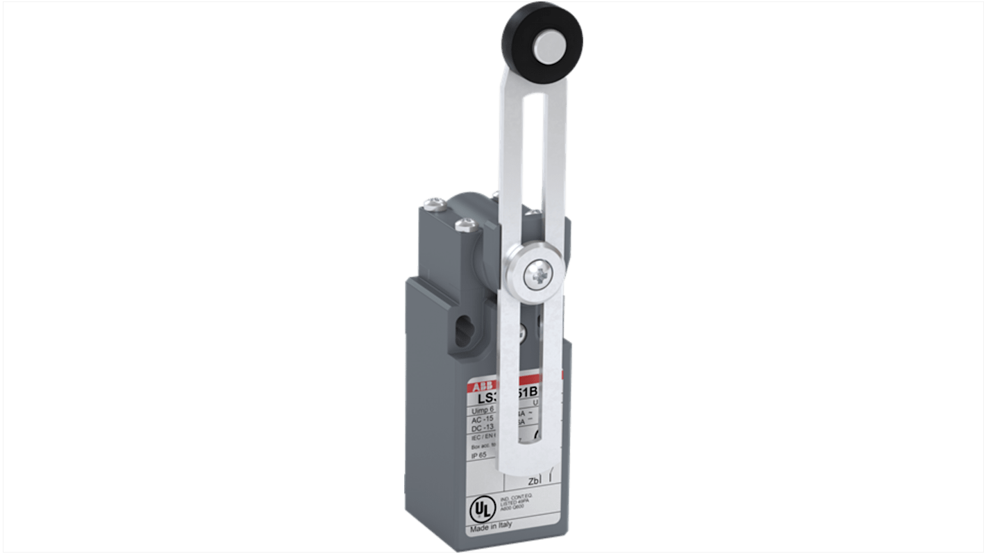 Interruttore di fine corsa ABB con leva regolabile, 1NA/1NC, grado di protezione IP65, dimensioni 30 mm di larghezza.