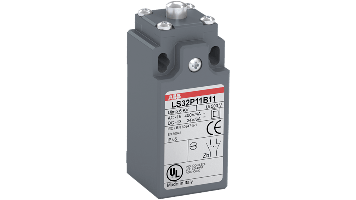 Interruttore di fine corsa ABB con leva a rullo, 1NA/1NC, grado di protezione IP66, dimensioni 30 mm, 400V ca, 30 milioni di operazioni.