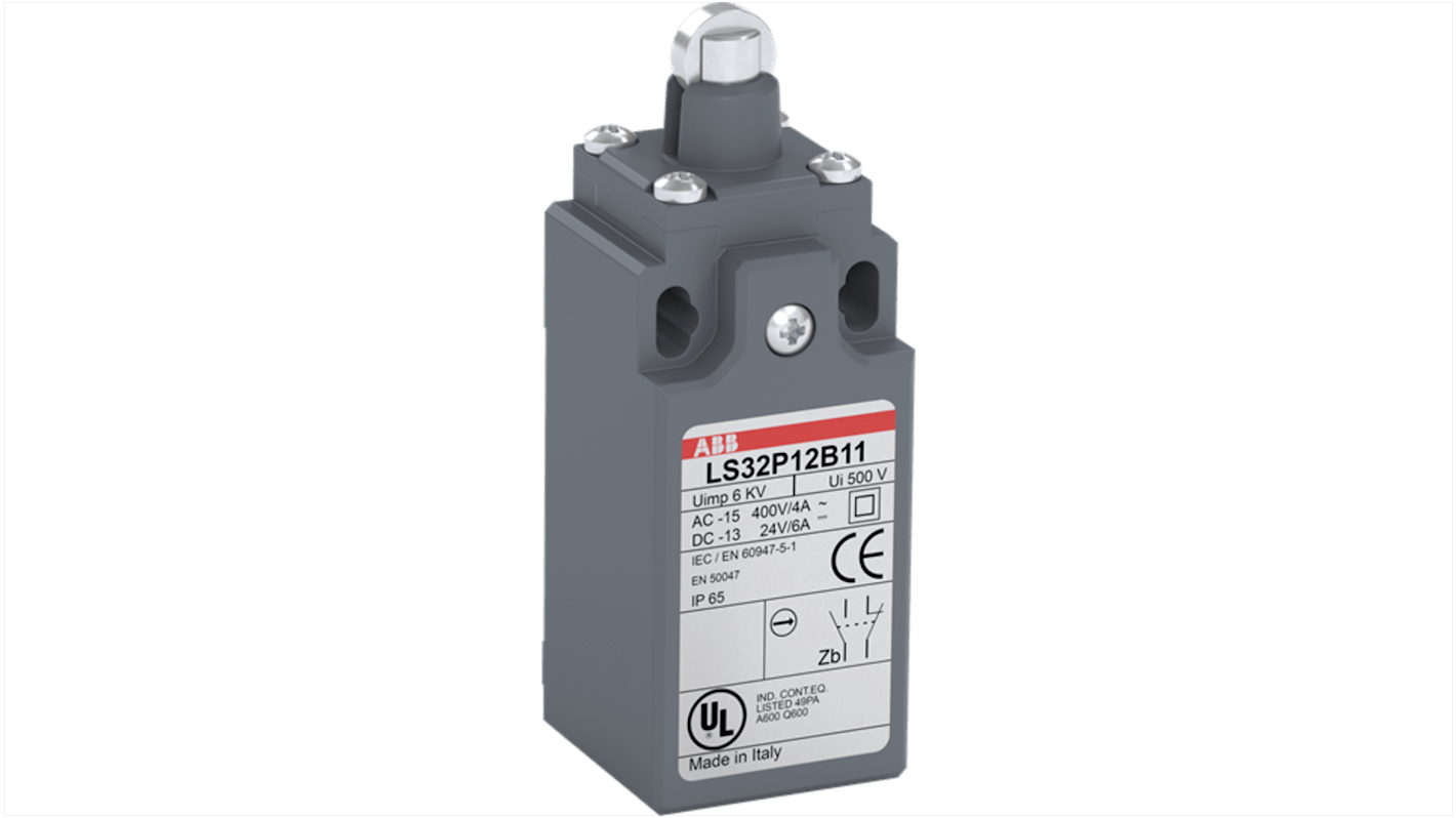 Interruttore di fine corsa a leva a rullo ABB, 1NA/1NC, IP66, attuatore in acciaio, montaggio con 2 fori, codice 1SBV010312R1211.