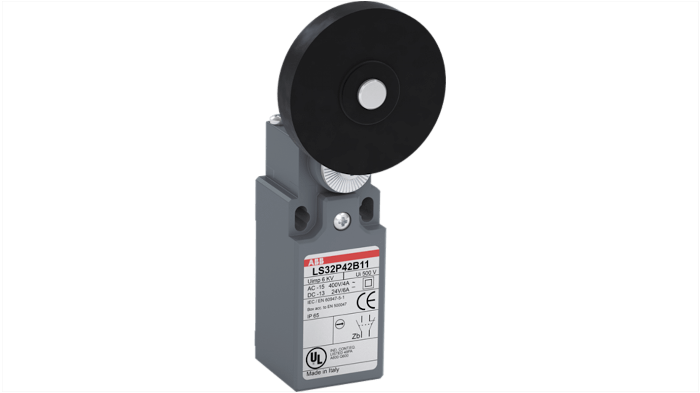 Interruttore di fine corsa a leva a rullo ABB, 1NA/1NC, IP65, con custodia in plastica rinforzata, dimensioni 30 mm.