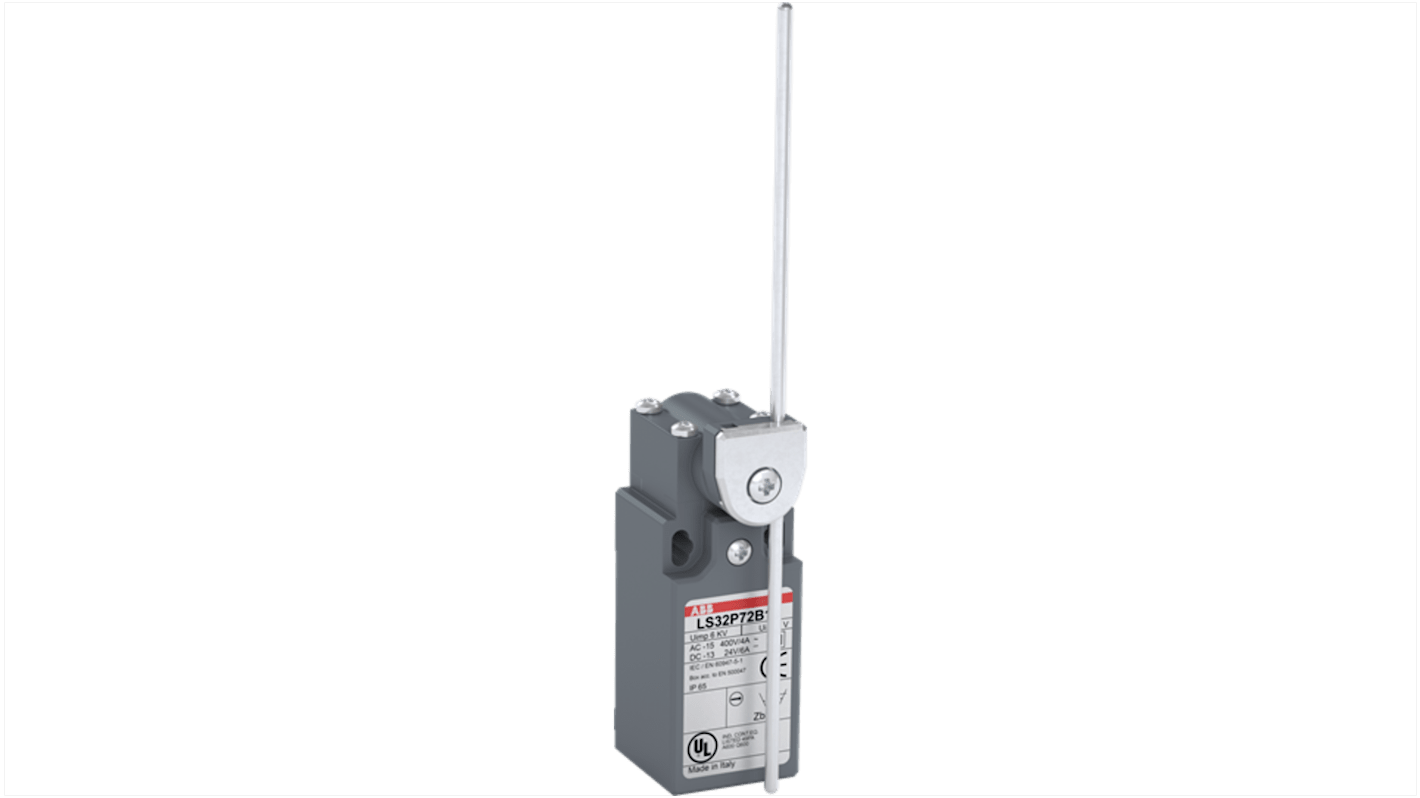 Interruttore di fine corsa a leva a rullo ABB, 1NA/1NC, IP65, 400V ca, con custodia in plastica rinforzata, larghezza 30 mm.