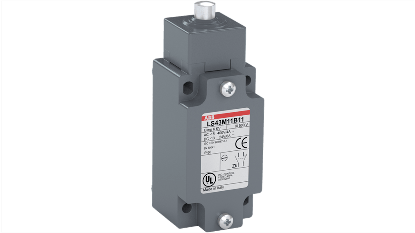 Interruttore di fine corsa ABB, attuatore a pistone, 1NA/1NC, IP66, 400V, custodia in lega di zinco, 40 mm di larghezza.