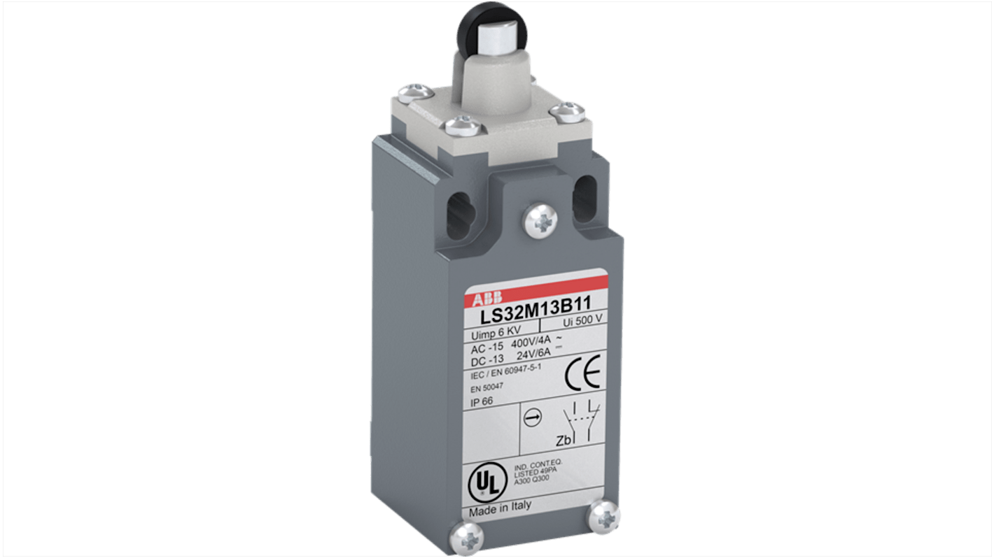 Interruttore di fine corsa a leva a rullo ABB, 1NA/1NC, IP66, custodia in lega di zinco, attuatore in plastica, montaggio con 2 fori, codice 1SBV011913R1211.