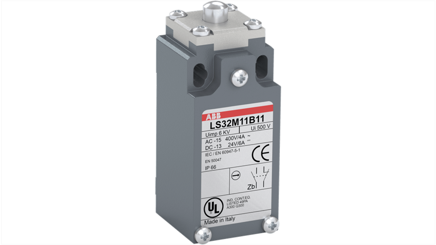 Interruttore di fine corsa a leva a rullo ABB, 1NA/1NC, 400V, IP66, in lega di zinco, larghezza 30 mm, con attuatore a pistone in acciaio.