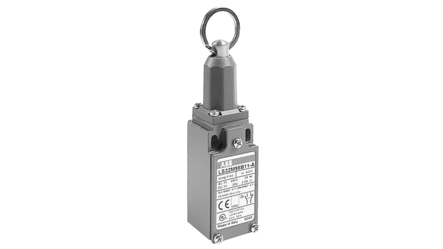 Interruttore di fine corsa a leva a rullo ABB, 1NA/1NC, IP66, 400V, in lega di zinco, con attuatore ad anello e fori di montaggio.