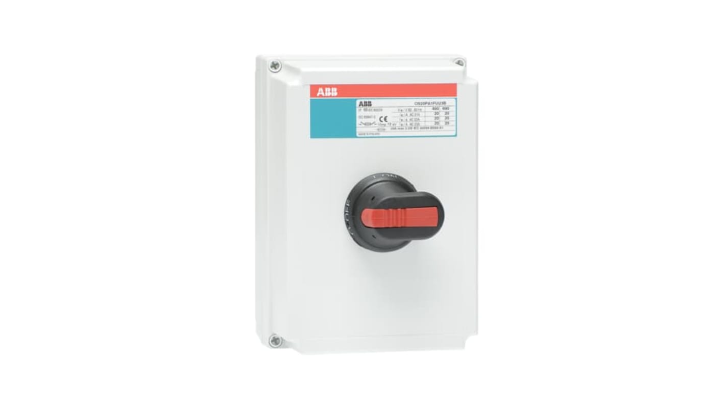Interruttore di isolamento ABB 1SCA02, 3 poli, con impugnatura bloccabile e protezione IP65, contenitore in acciaio galvanizzato.