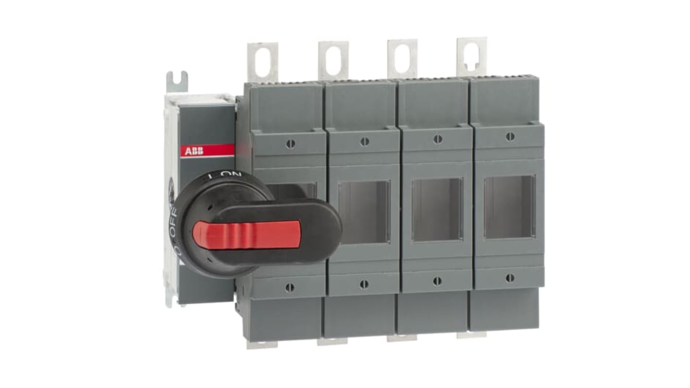 Sezionatore portafusibili ABB 1SCA022758R9770, 4 poli, 200A, montaggio su base, include impugnatura e albero.