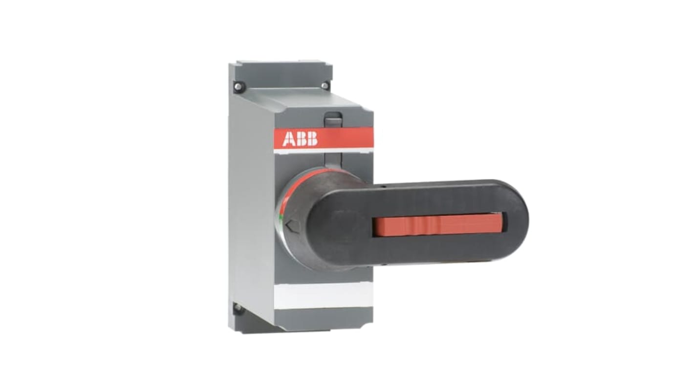 Sezionatore portafusibili ABB 4 poli, corrente massima 400A, impugnatura a montaggio diretto, dimensioni 50 x 50 x 100 mm.