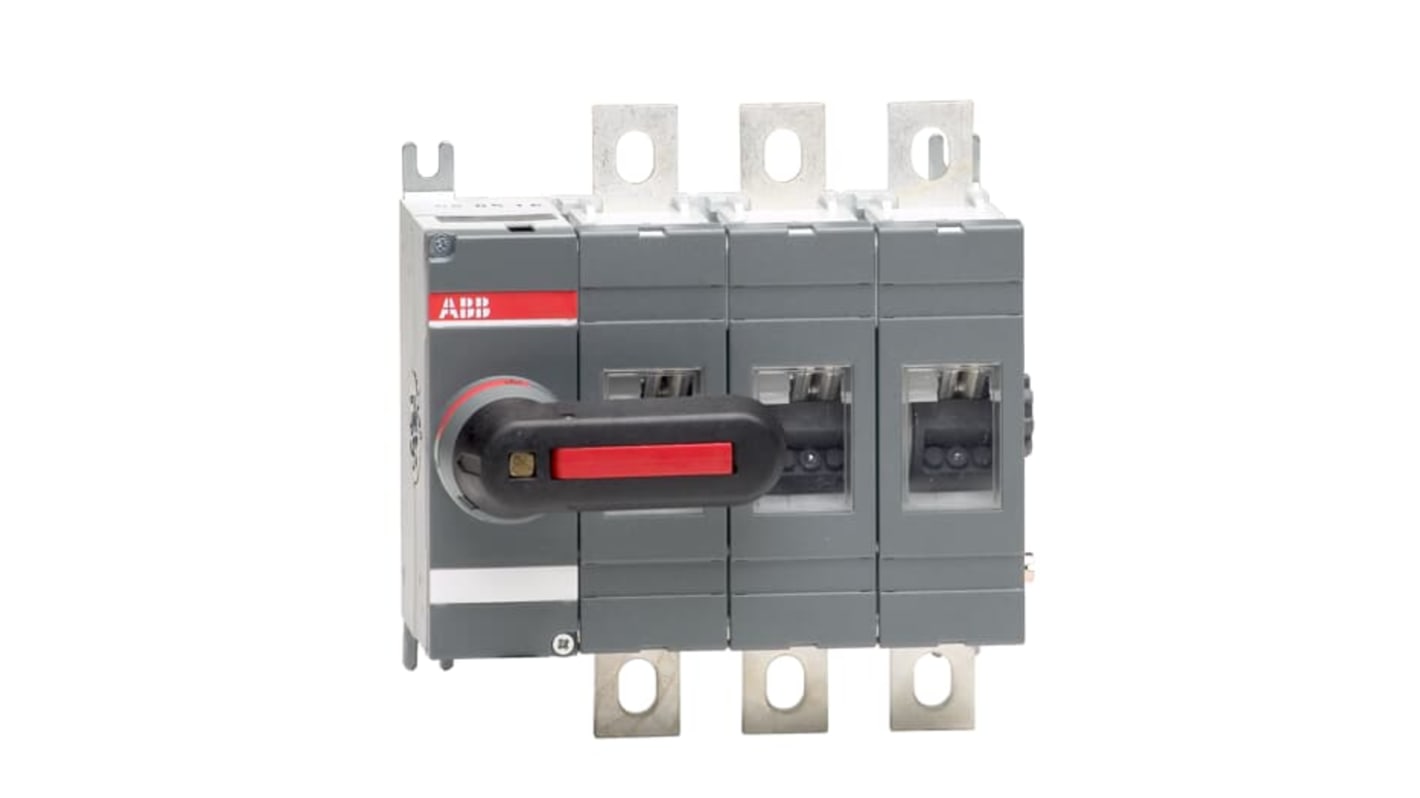Sezionatore ABB 1SCA022763R4820, 3 poli, 200A, montaggio su base, tipo manuale con terminali a occhiello.