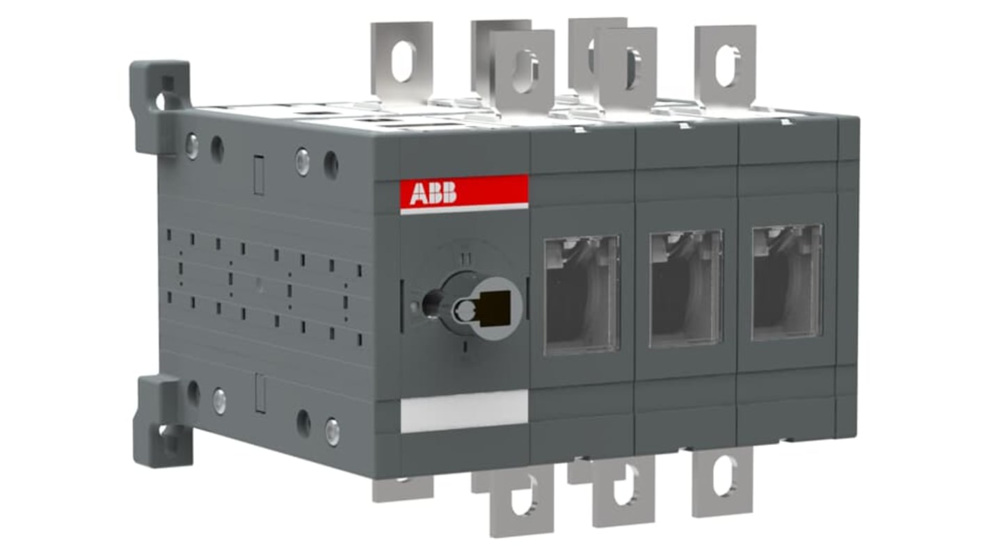 Sezionatore interruttore integrato ABB, 3 poli, corrente massima 400A, montaggio su base, dimensioni 185 x 221 x 203 mm.