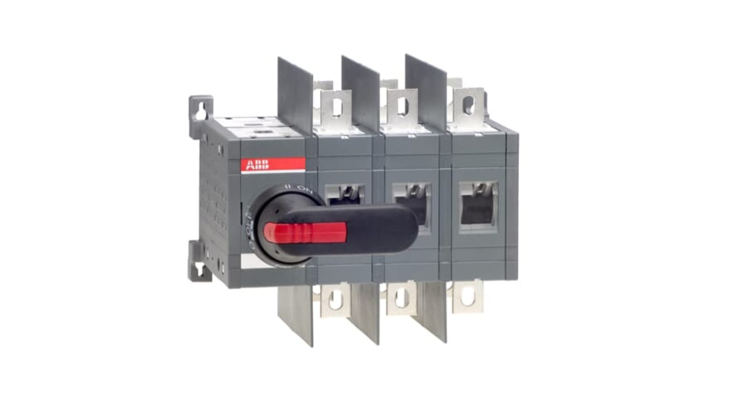 Sezionatore interruttore ABB 400A, 3 poli, montaggio su base, dimensioni 185 x 251 x 203 mm, con 3 interruttori manuali.