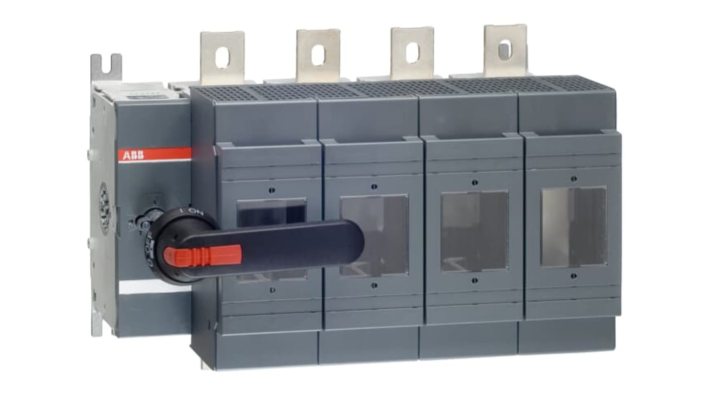 Sezionatore portafusibili NH3 OS ABB, 4 poli, corrente massima 630A, montaggio su guida DIN, protezione IP20.