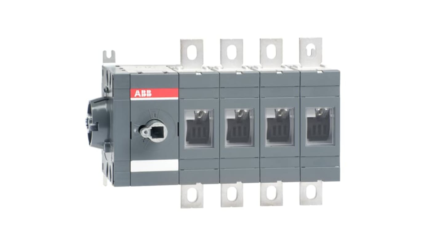 Sezionatore interruttore integrato ABB, 4 poli, corrente massima 400A, azionamento laterale, montaggio su base.