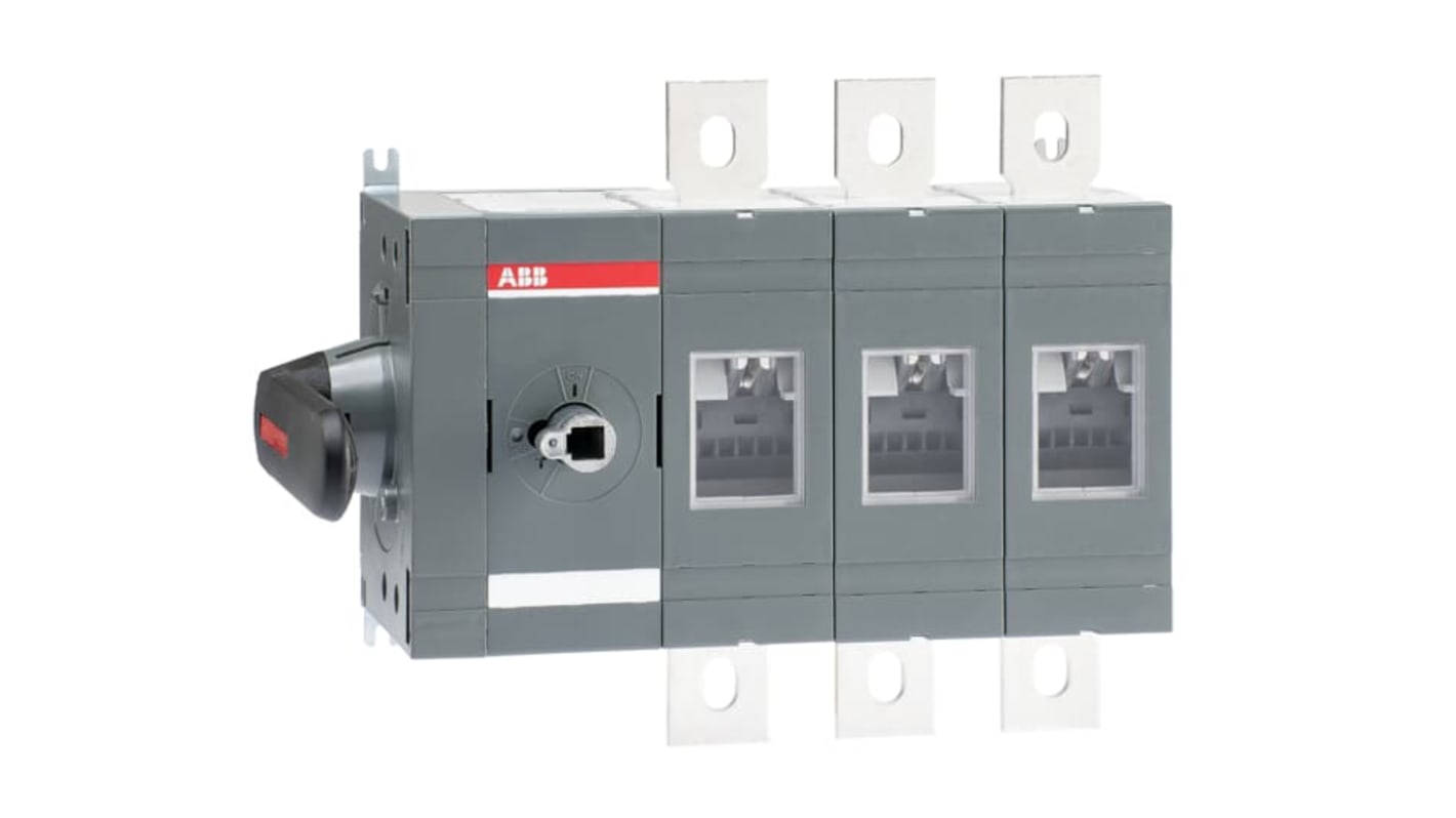 Sezionatore interruttore integrato ABB, 3 poli, corrente massima 630A, azionamento laterale, maniglia nera per montaggio diretto.