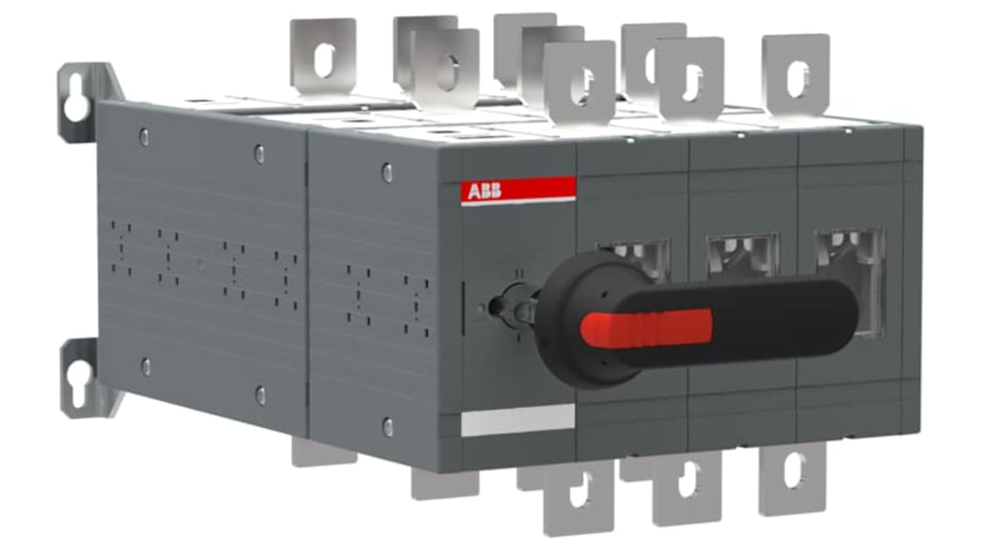 Sezionatore interruttore integrato ABB, corrente massima 630A, IP65, con 3 interruttori di bypass manuali e montaggio su base.
