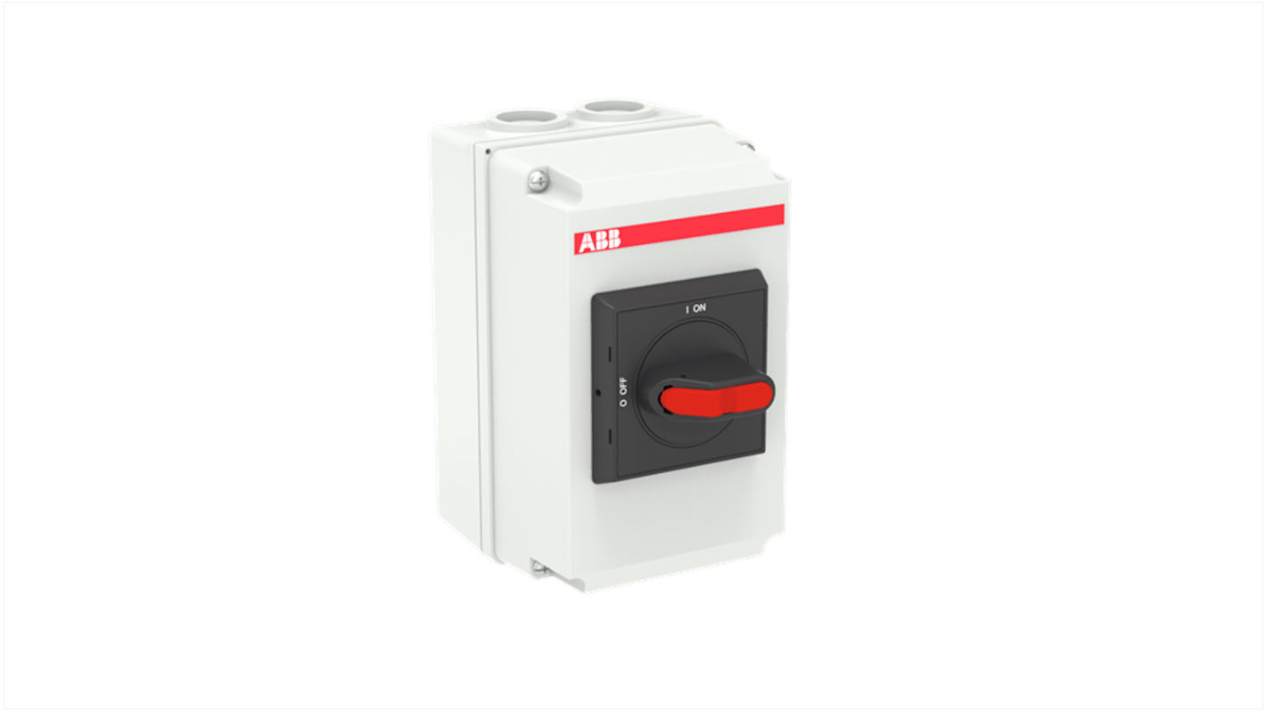 Interruttore di isolamento ABB 1SCA125092R1001, 4 poli, 25A, involucro in policarbonato, IP65, adatto per ambienti interni ed esterni.