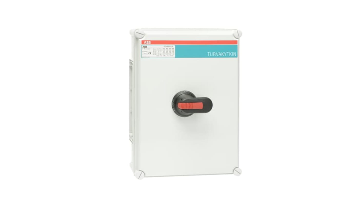 Interruttore di isolamento ABB 1SCA148610R1001, 3 poli, 90A, IP65, contenitore plastico UV, impugnatura nera, morsetti a vite.