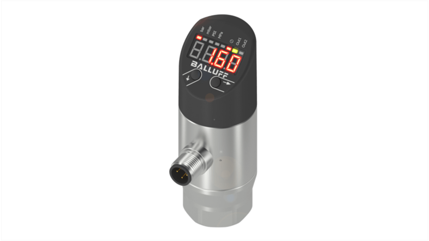 Sensore di pressione relativa BALLUFF BSP00YT, 35 bar, uscita analogica, contenitore in acciaio inox, display a 4 cifre.