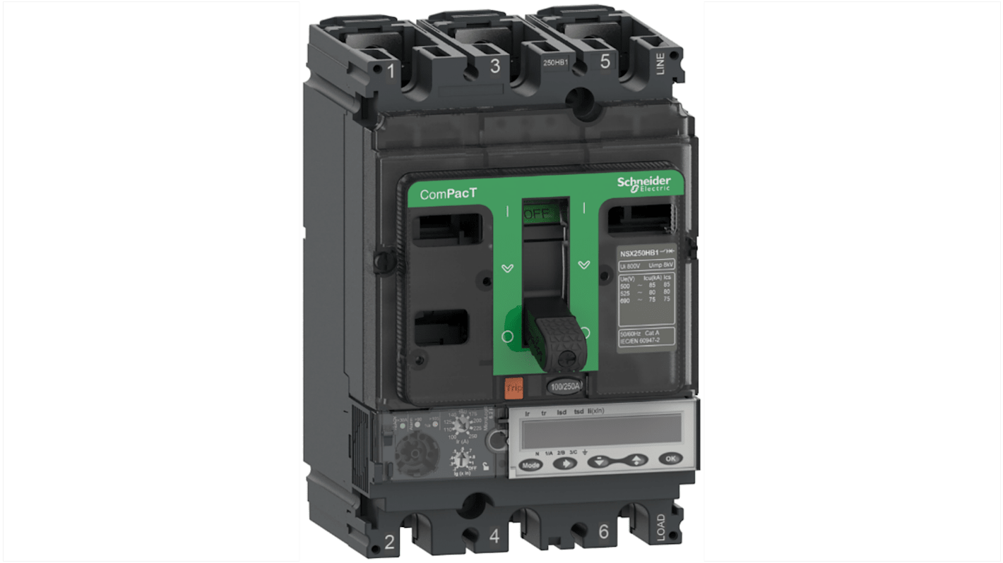 Interruttore magnetotermico scatolato Schneider Electric, 4 poli, 100A, montaggio fisso, con protezioni regolabili e conforme a IEC 60947.