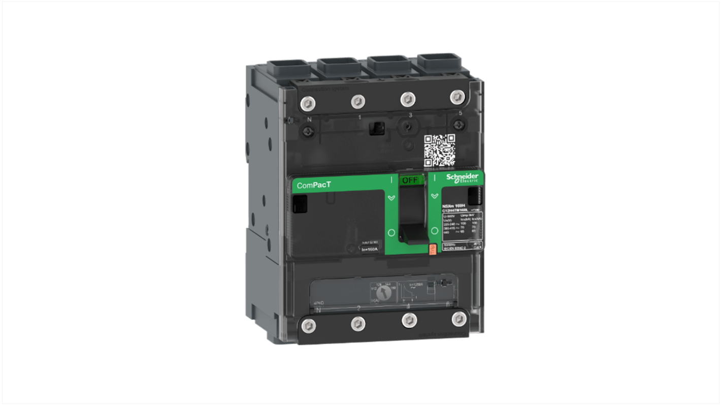 Interruttore magnetotermico scatolato Schneider Electric, 4 poli, 160A, montaggio fisso, protezione sovraccarico regolabile.