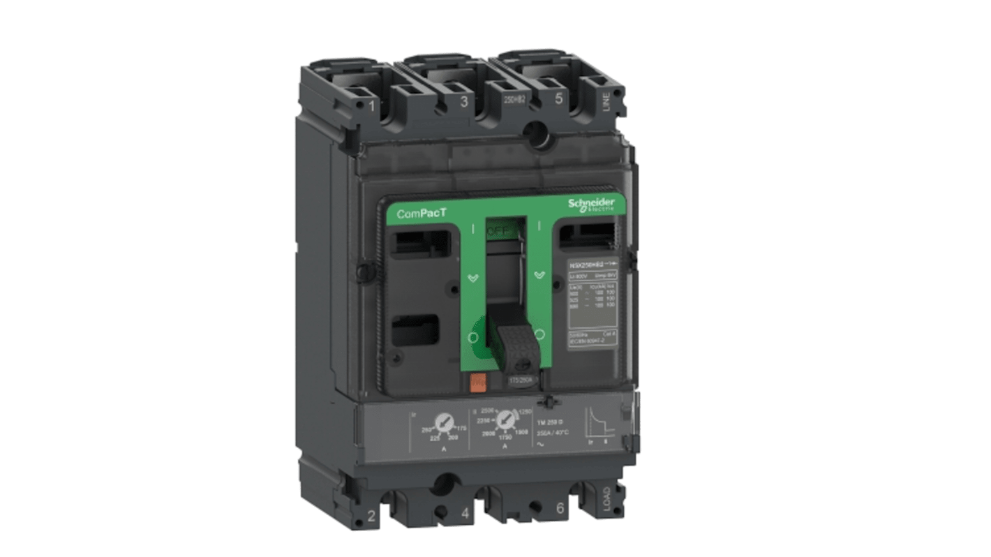 Interruttore magnetotermico scatolato Schneider Electric, 3 poli, 125A, montaggio fisso, protezione sovraccarico regolabile.