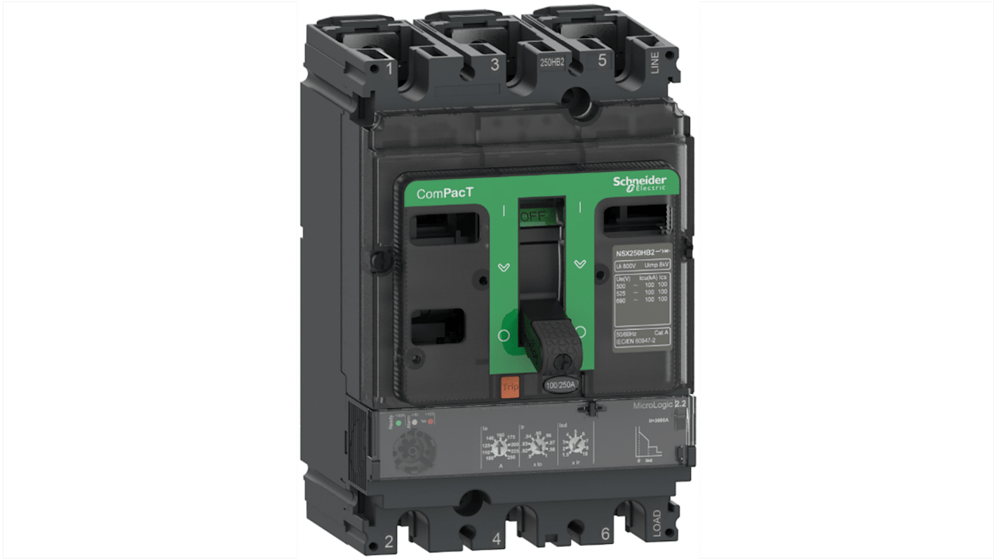 Interruttore magnetotermico scatolato Schneider Electric C25H32D100, 3 poli, 100A, montaggio fisso, design ergonomico per installazione semplificata.