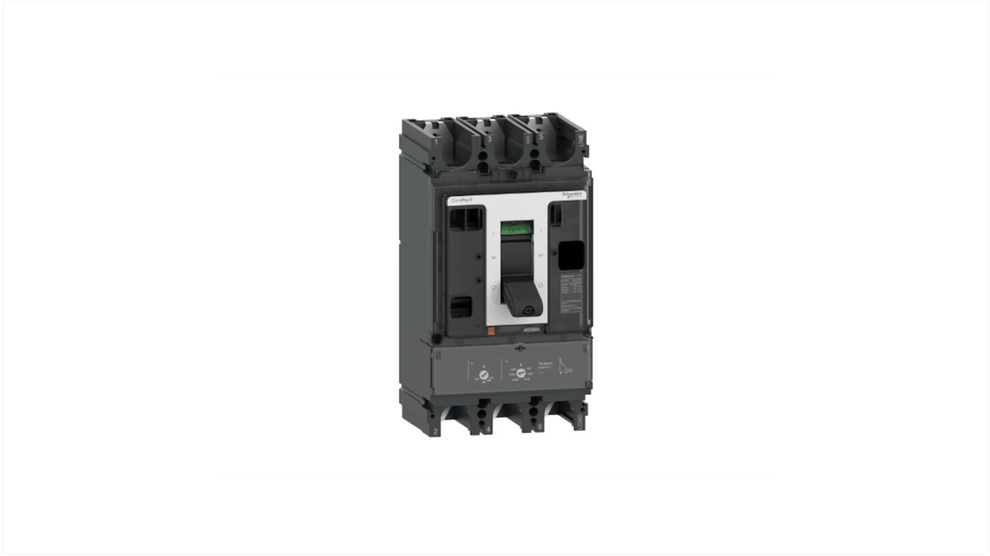 Interruttore magnetotermico scatolato Schneider Electric, 3 poli, 400A, montaggio fisso, progettato per ottimizzare spazio e interruzione.