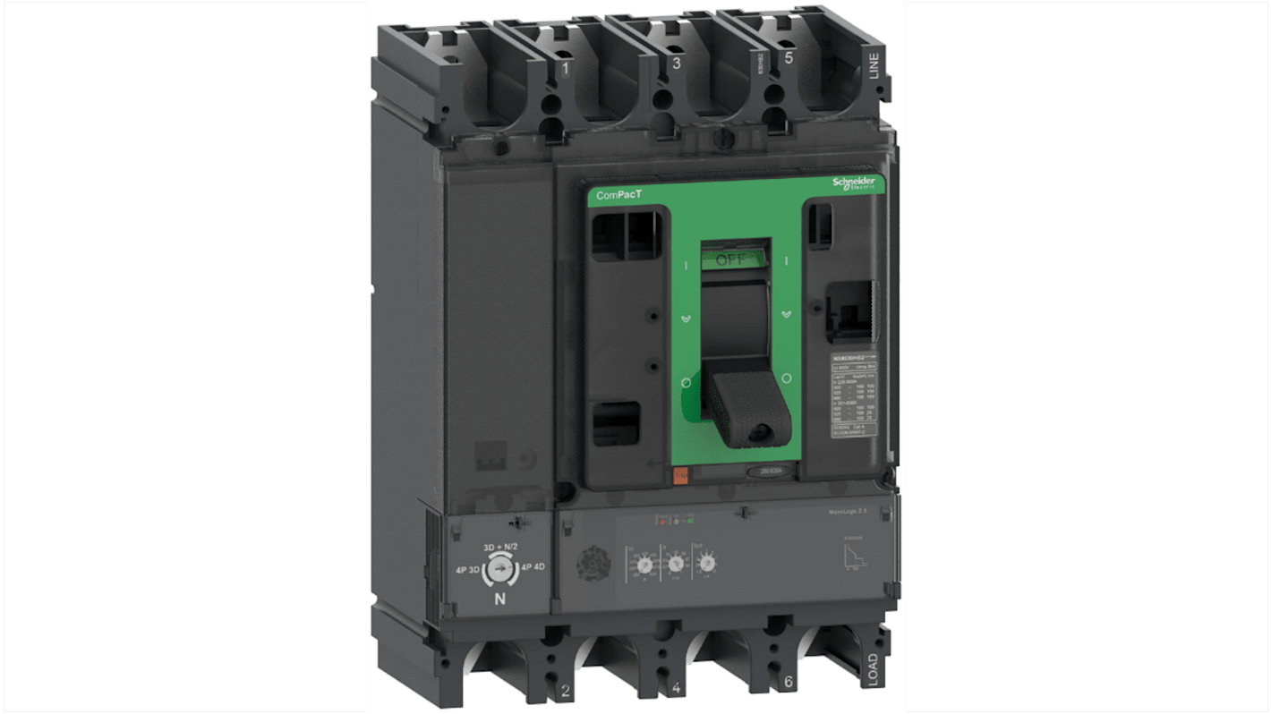 Interruttore magnetotermico scatolato Schneider Electric, 4 poli, 400A, montaggio fisso, design ergonomico per installazione semplificata.